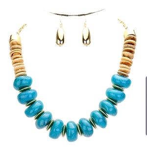 Wood & Teal Stone Necklace & Earrings Set